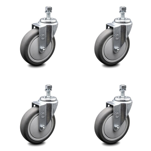5 Inch Thermoplastic Rubber Wheel Swivel 12mm Threaded Stem Caster Set SCC